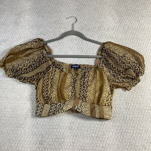 French Kiss Brown Geometric Print Puff Sleeve Cropped‎ Blouse Top Women's L